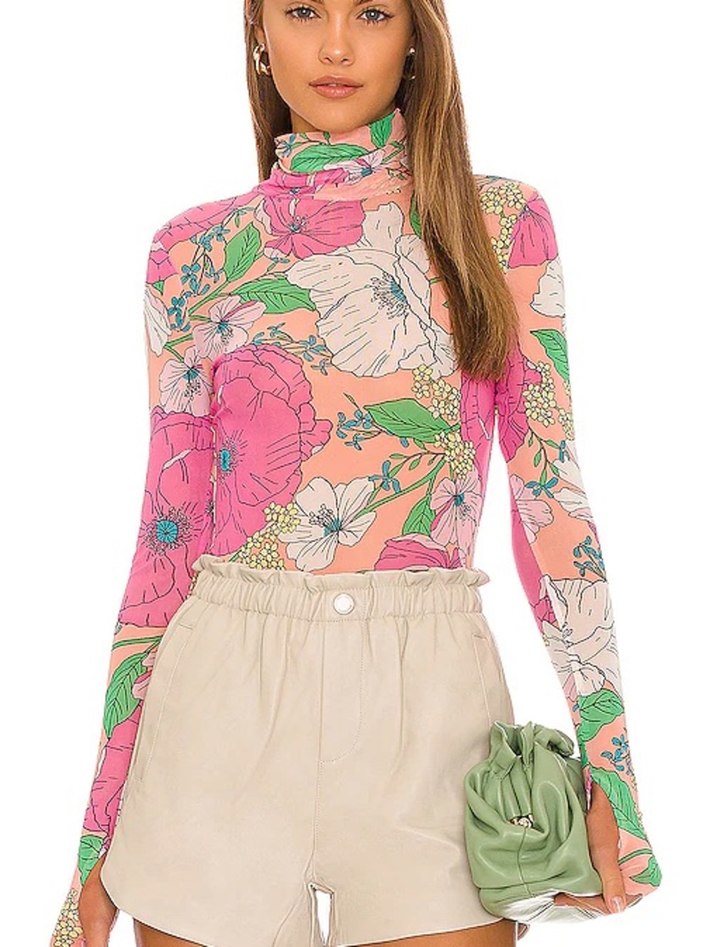 AFRM Peach and Pink Floral Mock Neck Long Sleeve Top